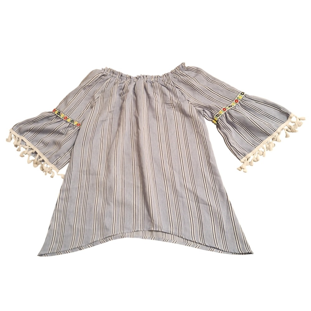 Arizona Jean Co Off Shoulder Top Girls XL 16 Blue White Striped Tassel Boho